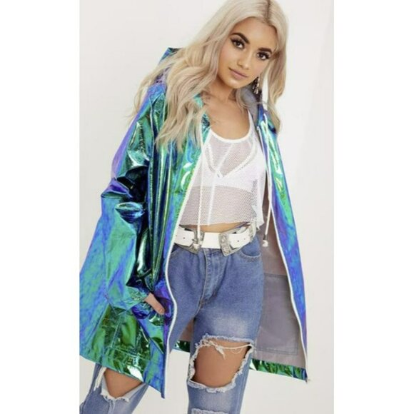 PrettyLittleThing Cobie Green Coachella Holographic Jacket Disco Carnival Shiny - Picture 1 of 12